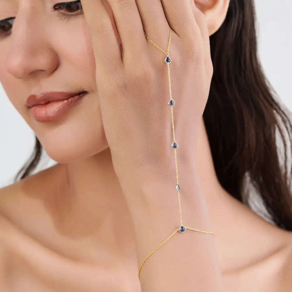 Elegant Classic Design Heart Shape Blue Sapphire Hand Chain Bracelet Women's Jewelry 14K Yellow Gold