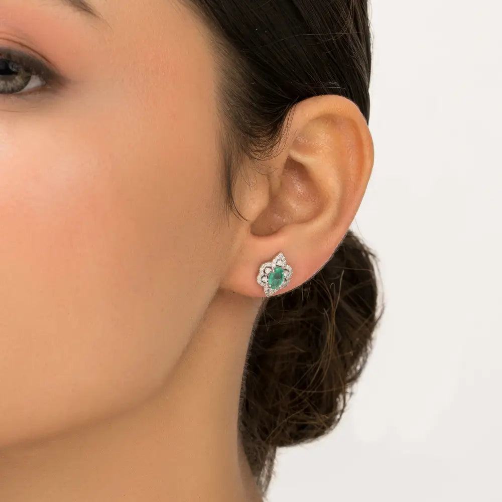Vintage Style Gemstone Stud Earrings Featuring Emerald & Diamond K14 Real White Gold Jewelry