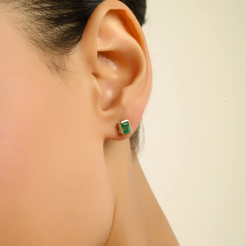Bezel Set Zambian Emerald Single Stone Stud Earrings Handmade 14K Yellow Gold Jewelry