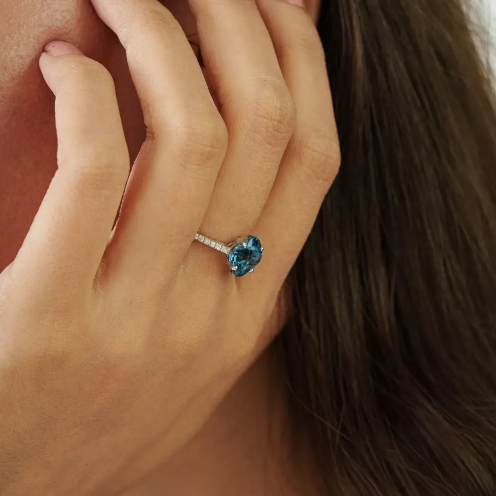 14K Real White Gold Blue Topaz & Diamond Four Leaf Clover Shape Minimal Ring Fine Jewelry
