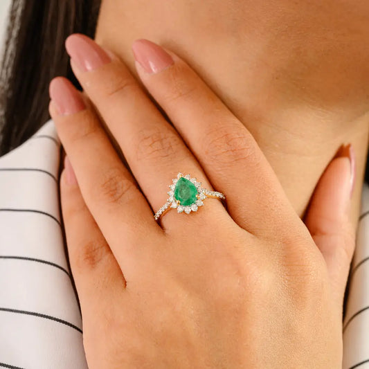 Genuine Emerald & Diamond Real K14 Yellow Gold Halo Engagement Ring Customized Jewelry