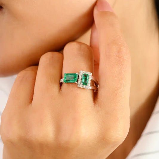 Natural Gemstone Emerald & Diamond Real K14 White Gold Wedding Ring May Birthstone