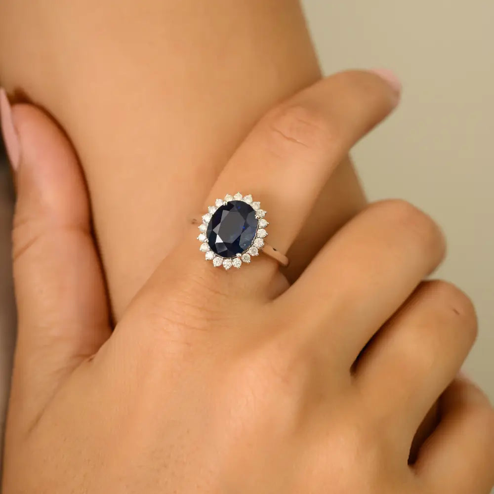 18K White Gold Prong Set Blue Sapphire & Diamond Princes Diana Ring Wedding Jewelry