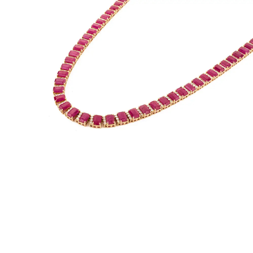 Bridal Jewelry Gemstone Ruby & Diamond Statement Tennis Necklace 14K Solid Yellow Gold