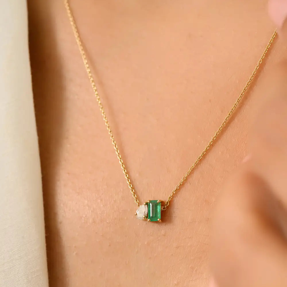 Minimalist Simple Emerald & Diamond Toi et Moi Pendant Necklace Real K14 Gold Jewelry