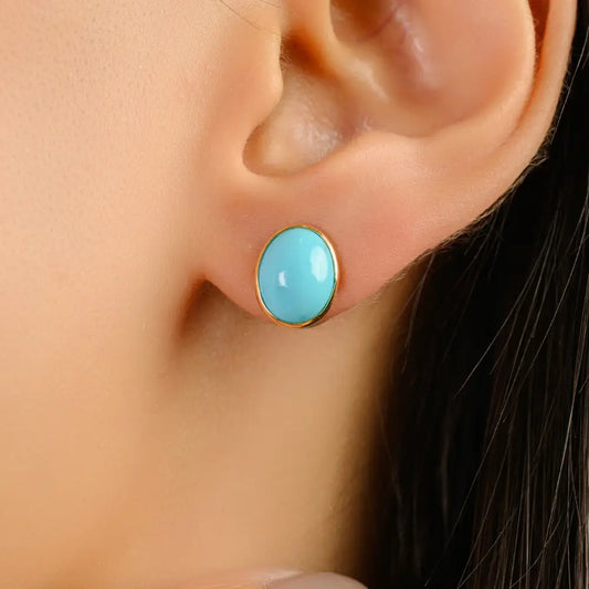 Cabochon Gemstone Turquoise Stud Earrings K18 Real Yellow Gold Custom Jewelry Supplier