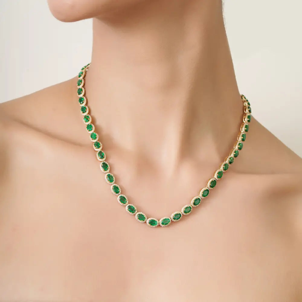 Luxurious 22.13 Ct. Emerald & Diamond Halo Tennis Necklace K18 Yellow Gold Wedding Jewelry