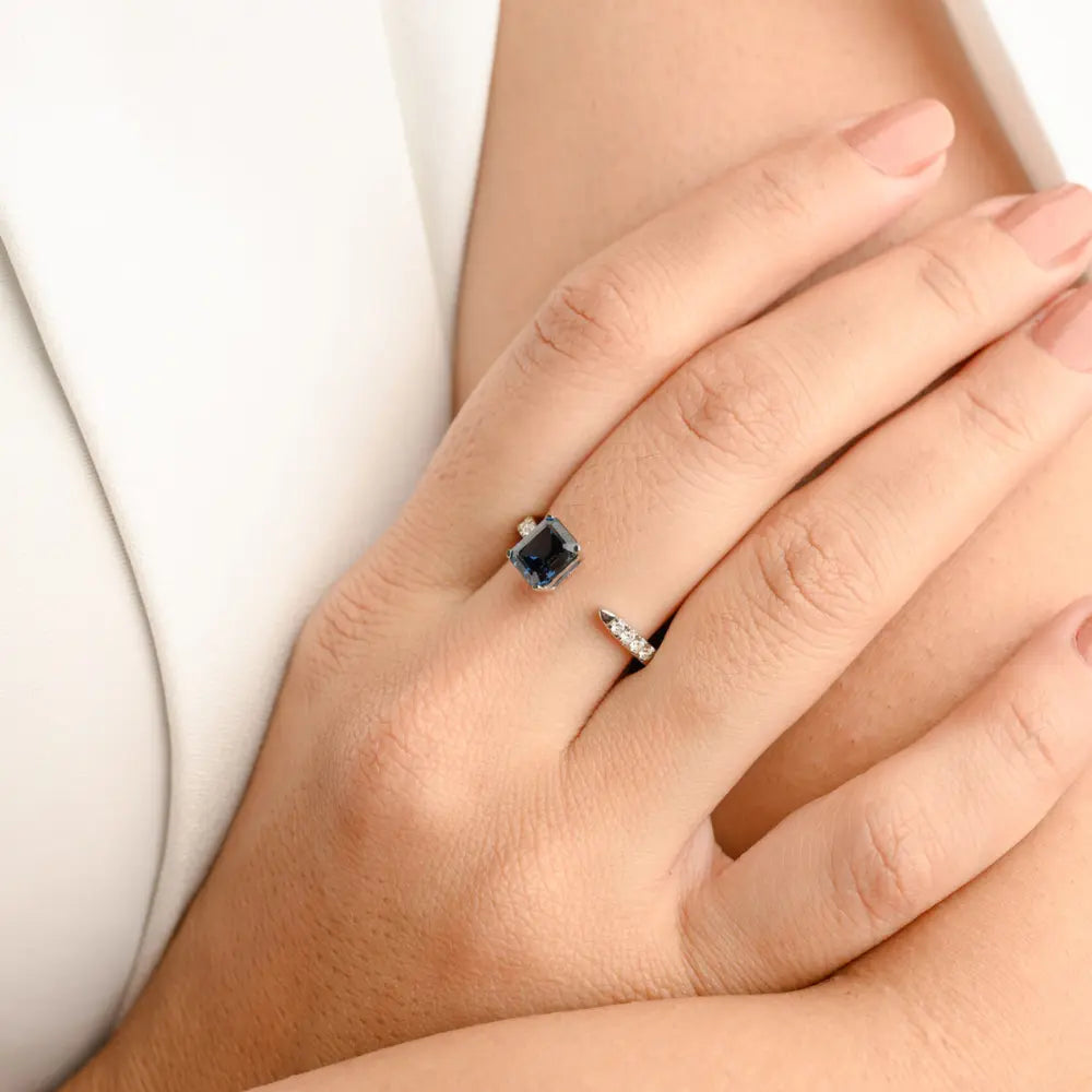 Minimal Jewelry Natural Blue Sapphire 18K Solid White Gold Adjustable Ring