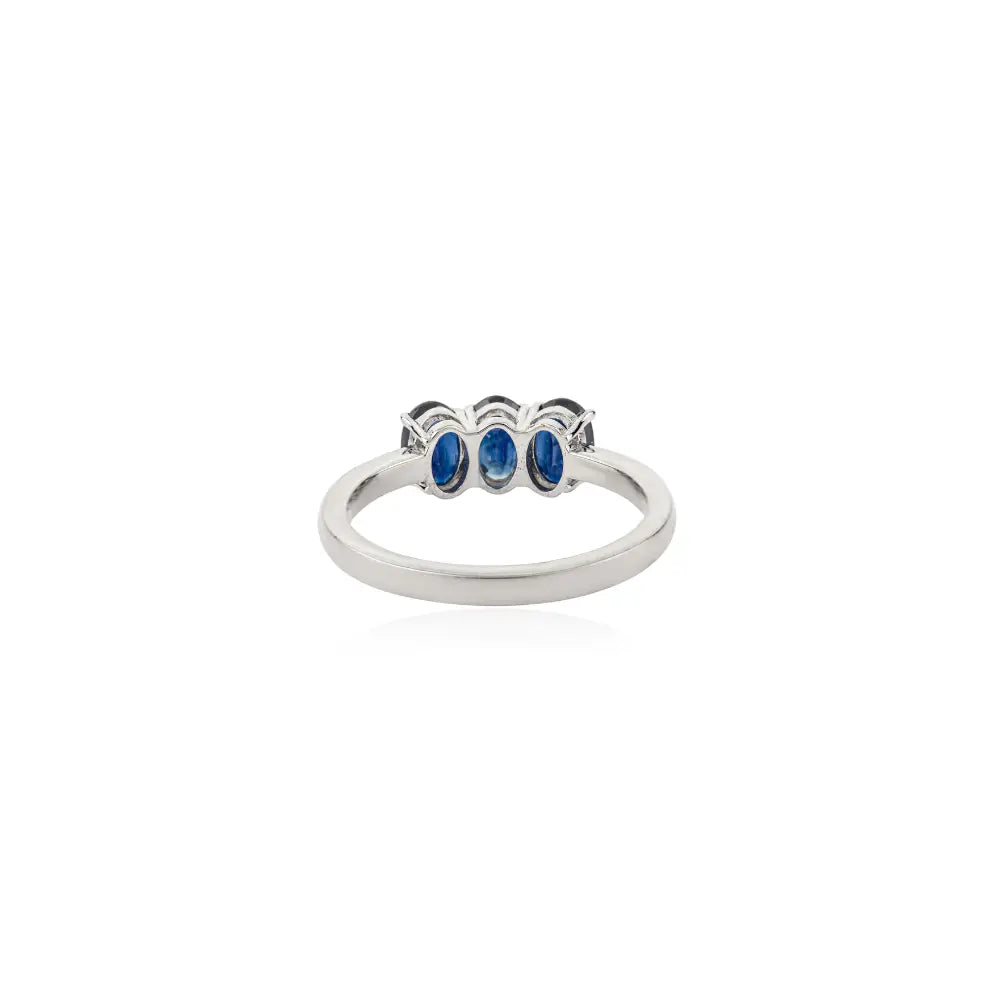 Elegant Design Oval Shape Blue Sapphire Three Stone Ring For Unisex 14K Real White Gold