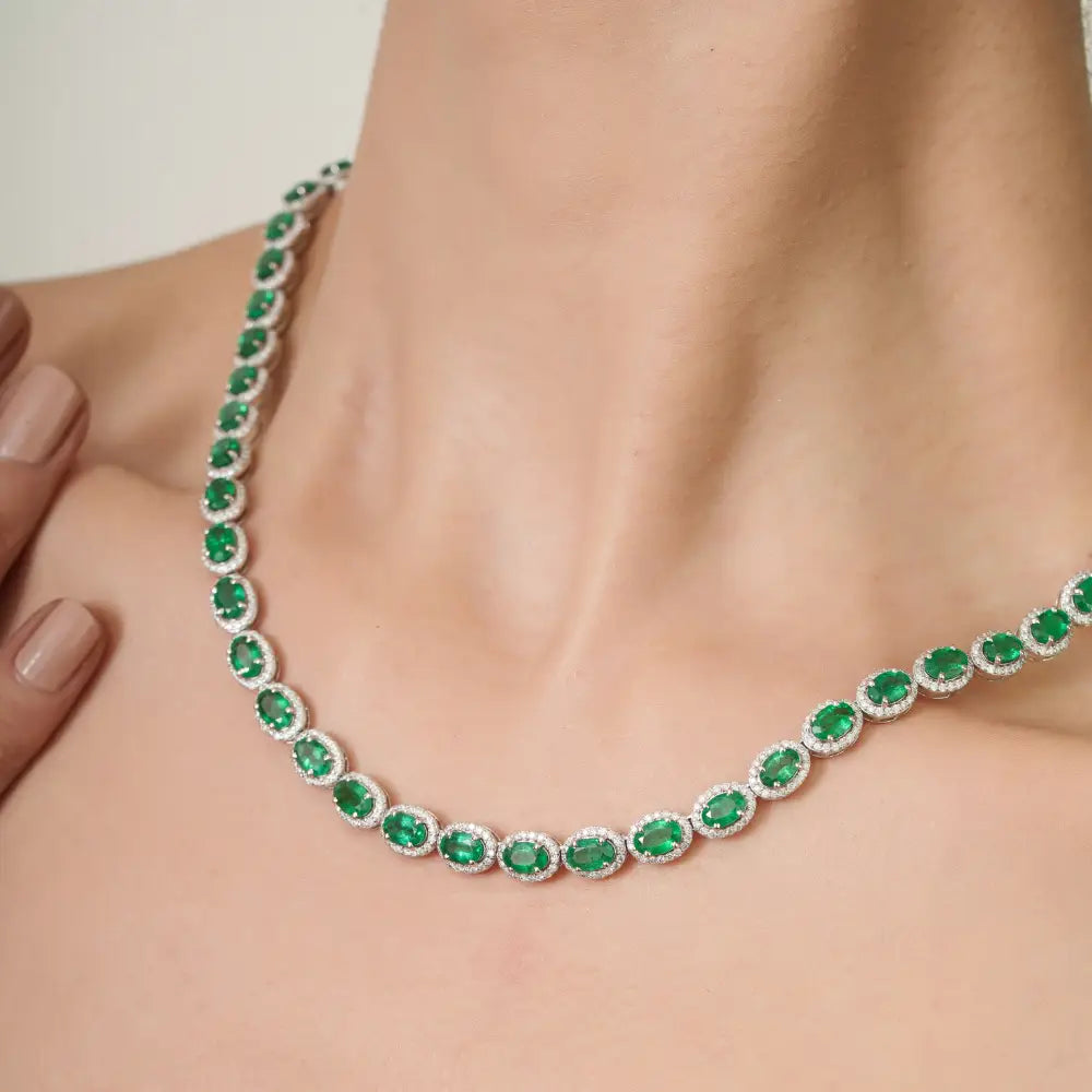22.11 Ct. Emerald & Diamond K14 Real White Gold Fine Halo Tennis Necklace Wedding Jewelry