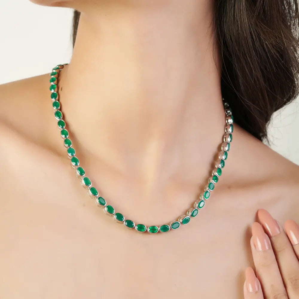 Bezel Set Natural Oval Cut Green Onyx Gemstone Tennis Necklace In 925 Sterling Silver For Women's