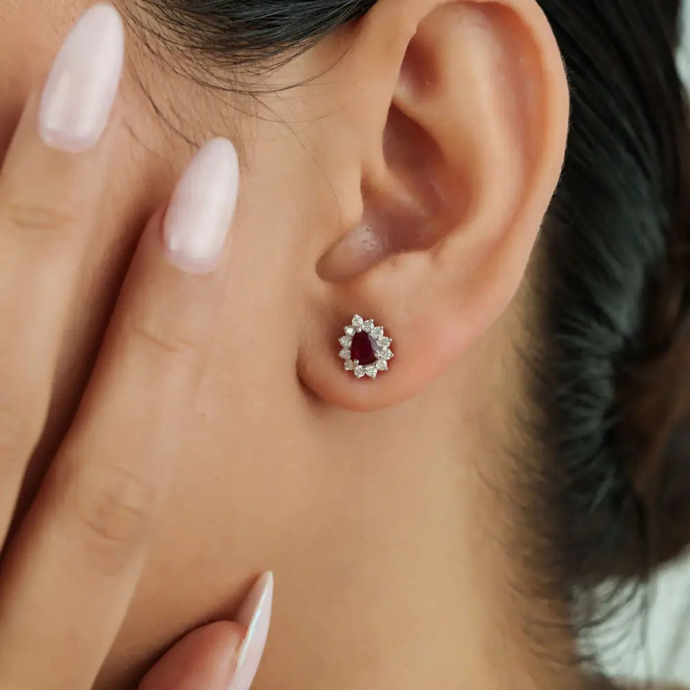Stunning 18K Real White Gold Ruby & Diamond Pear Shape Cluster Stud Earrings For Women
