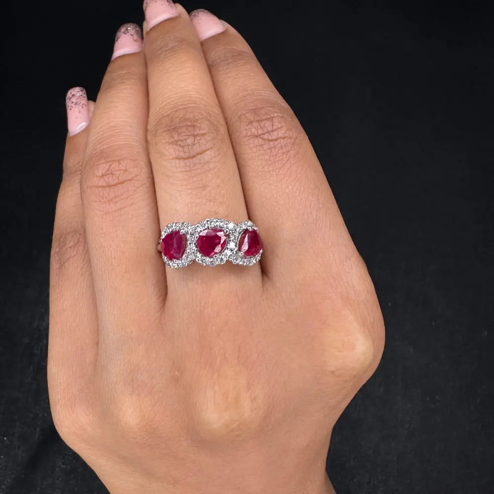 18K Solid White Gold Natural Three Stone Ruby & Diamond Triple Cocktail Ring