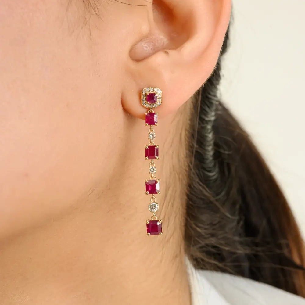 Square Cut Ruby & Diamond Fine Long Dangle Earrings Engagement Gift 14K Real Yellow Gold