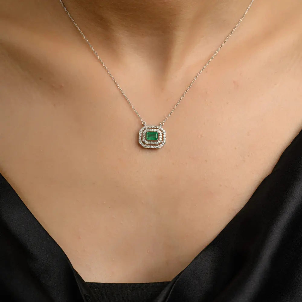 Luxury Jewelry Natural Rectangle Emerald & Diamond 14K Solid White Gold Necklace