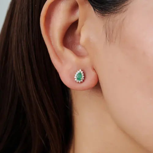Precious Emerald Gemstone & Diamond Cluster Pear Shape S925 Stud Earrings For Women's