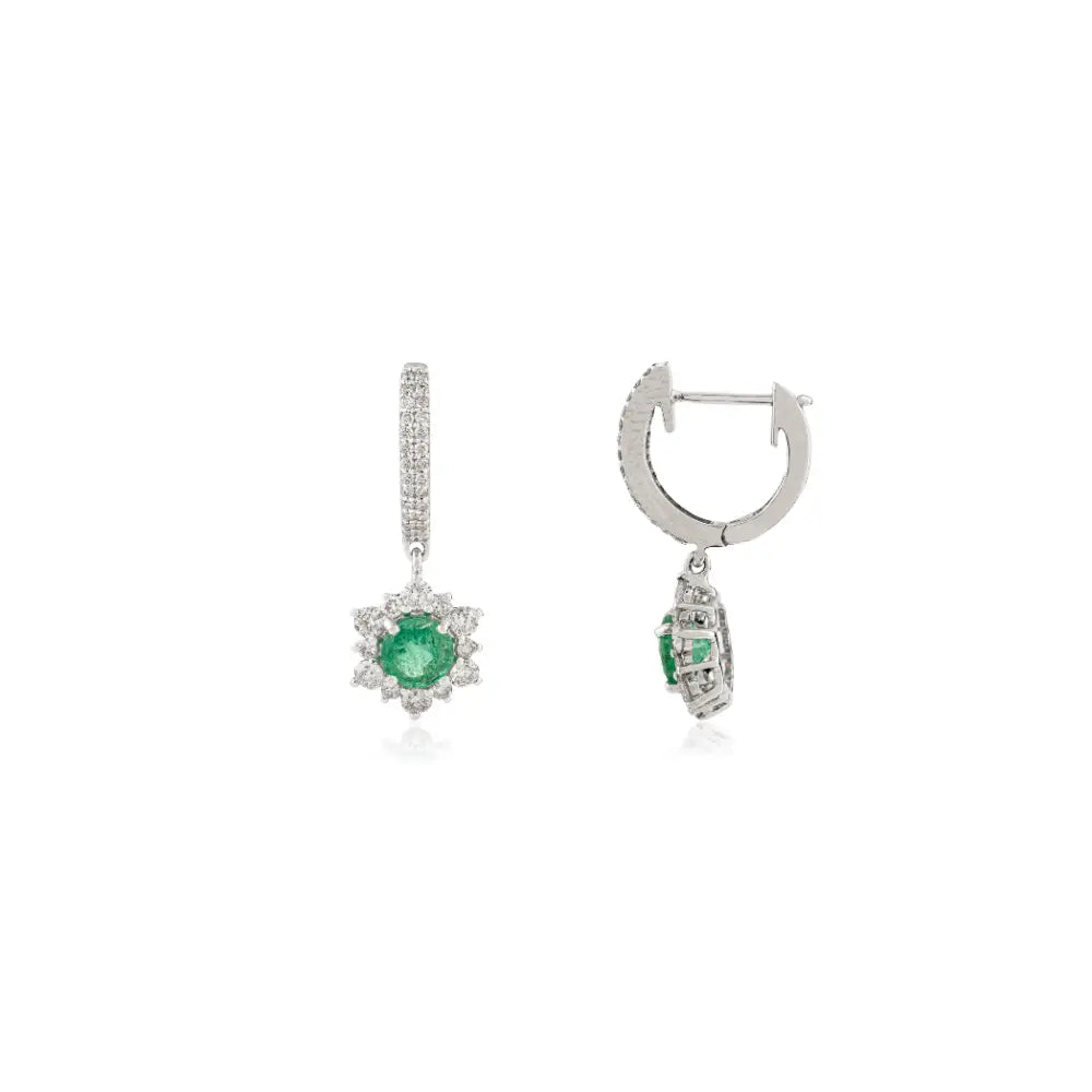 Emerald & Diamond Hoop Charm Drop Earrings For Women Wedding 14K Real White Gold Jewelry