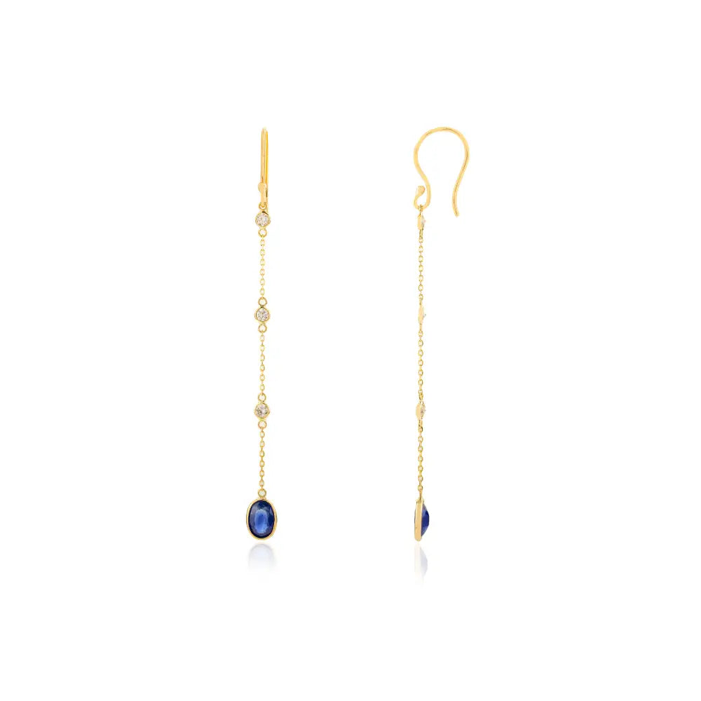 Bezel Set Blue Sapphire & Diamond Long Dangling Earrings 18K Solid Gold Women & Girls Jewelry