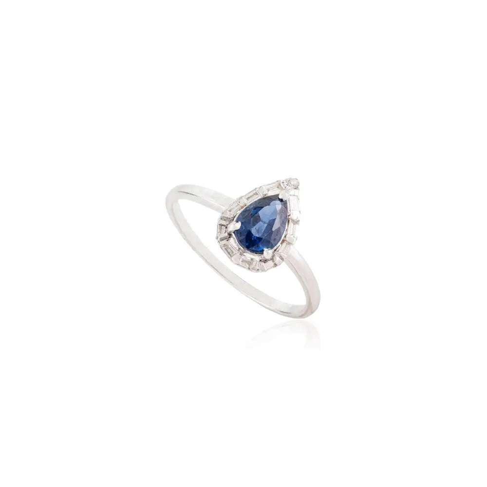 Handmade Blue Sapphire & Diamond Pear Shape Halo Stackable Ring 14K White Gold Fine Jewelry