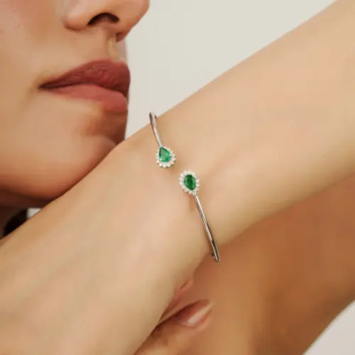 May Birthstone 925 Sterling Silver Natural Pear Cut Emerald & Diamond Open Cuff Bangle
