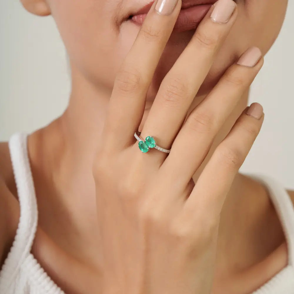 Custom Logo Emerald & Diamond 14K White Gold Fine Bypass Ring Natural Gemstone Jewelry