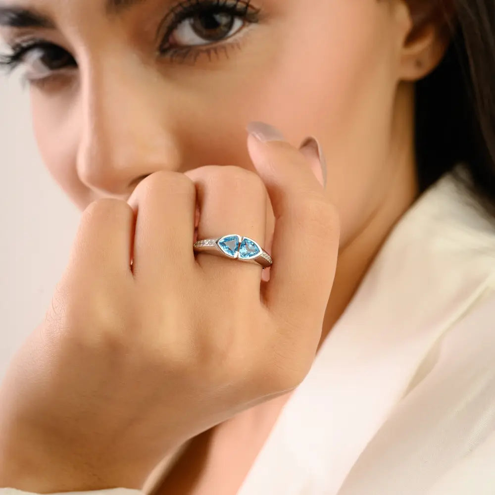 Unique Design Sterling Silver Trillion Cut Blue Topaz Twin Stone Bezel Set Elegant Ring