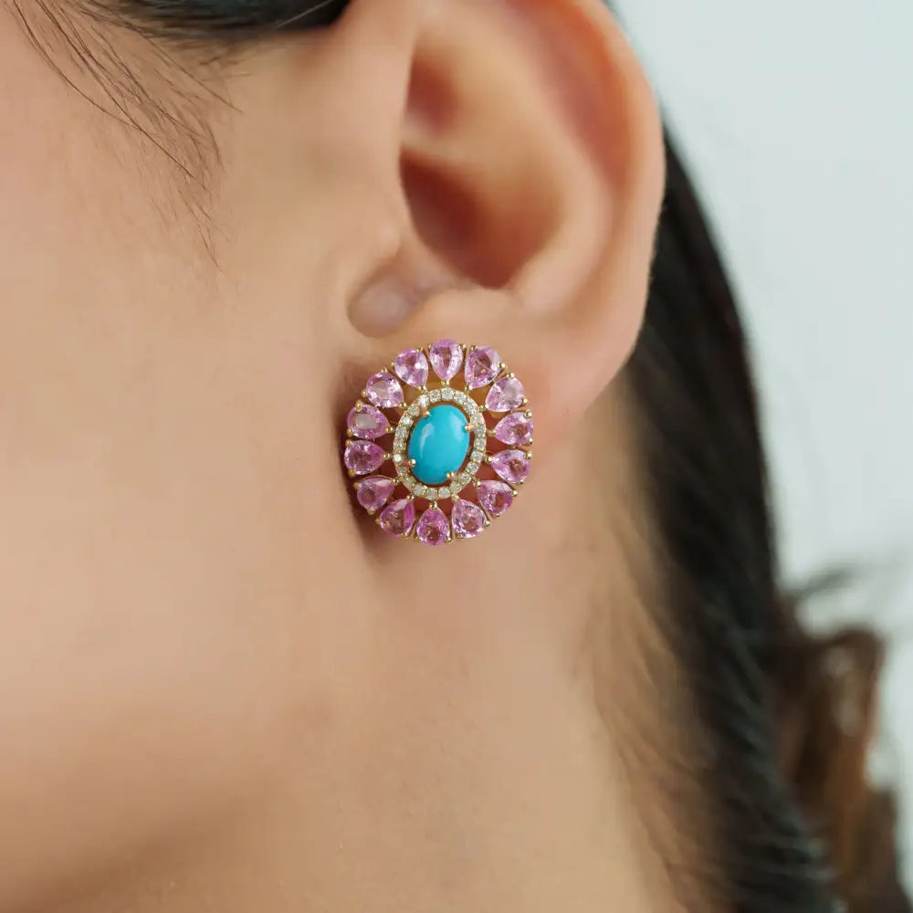 Women's Trendy 14K Yellow Gold Turquoise Pink Sapphire & Diamond Flower Stud Earrings