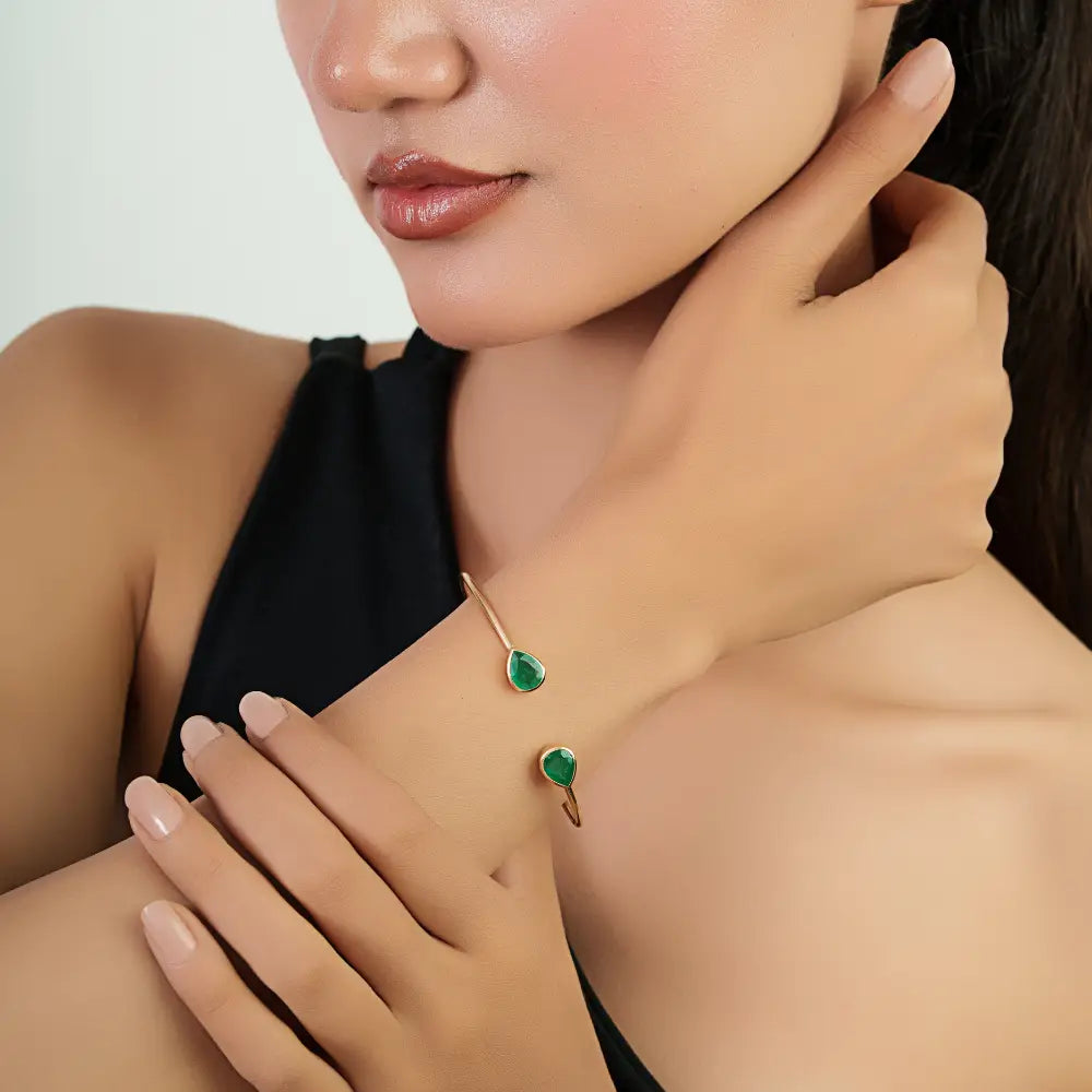 Real 14K Yellow Gold Emerald Gemstone Flexible Cuff Bangle For Unisex Stackable Jewelry