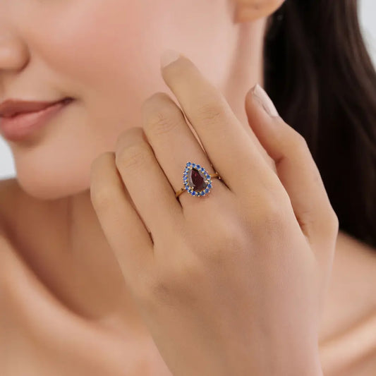 Rubellite & Blue Sapphire K18 Solid Yellow Gold Pear Shape Cluster Ring Bulk Order Jewelry