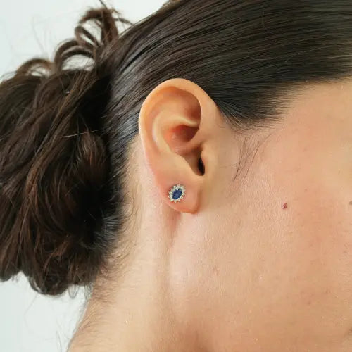 High Quality Blue Sapphire & Diamond 925 Sterling Silver Halo Stud Earrings For Women's