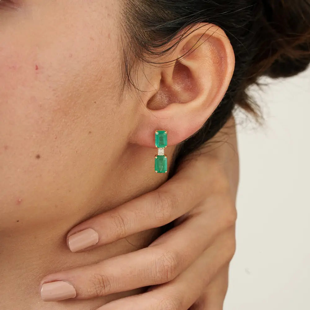 Octagon Cut Emerald & Diamond Drop Earrings K14 Yellow Gold Women Wedding Jewelry