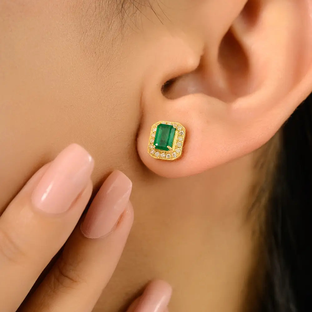 K14 Yellow Gold Octagon Shape Emerald & Diamond Push Back Halo Stud Earrings Women