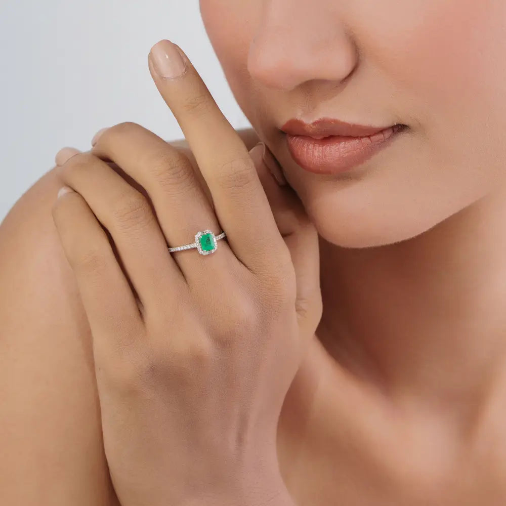 5x4mm Octagon Cut Emerald & Diamond Fine Engagement Stacking Ring 14K White Gold Jewelry
