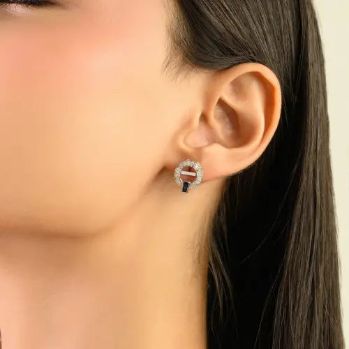 100% Authentic Blue Sapphire & Diamond Circular Shape 925 Silver Studs Earrings