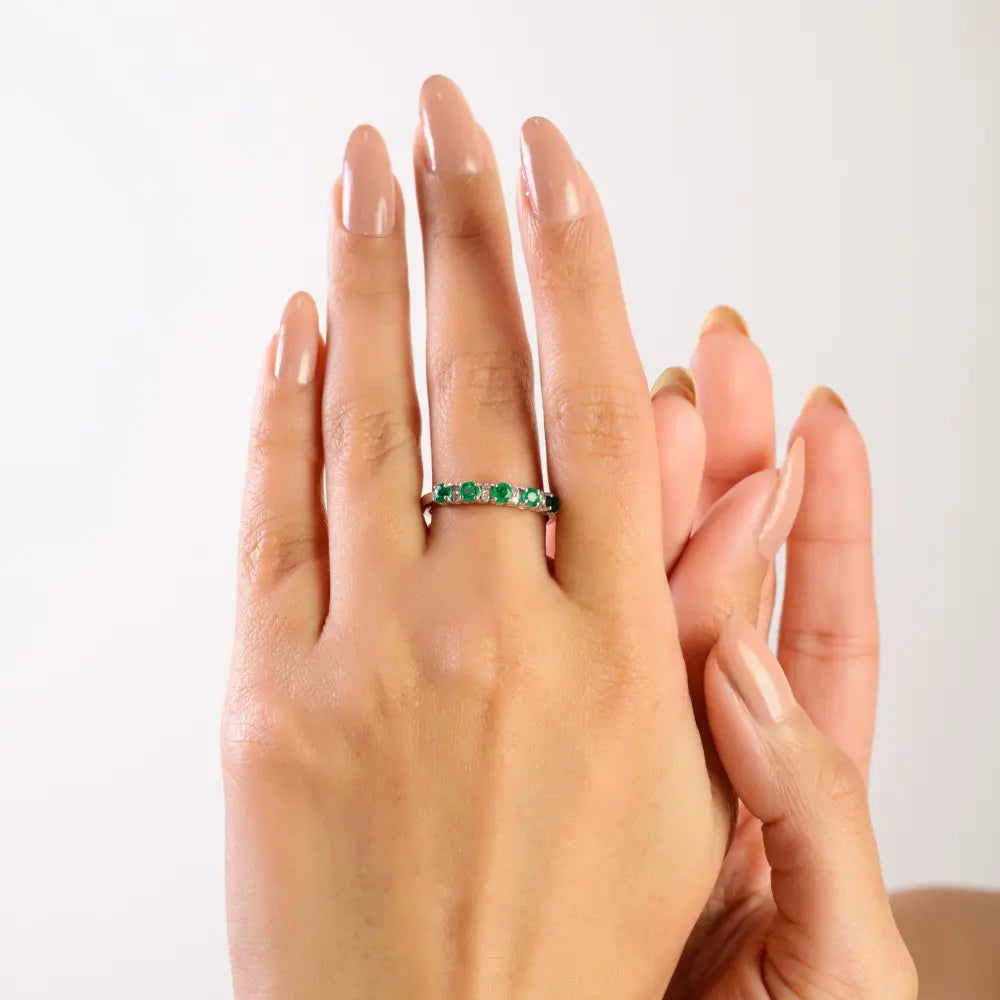 Natural Emerald & Diamond Half Eternity Stacking Ring in 925 Sterling Silver Fine Jewelry