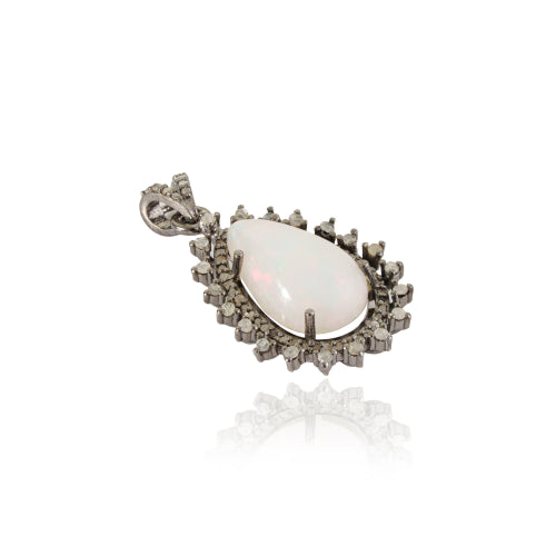 5CTW Pear Shape Natural Opal & Diamond Halo Pendant Fine Jewelry In 925 Sterling Silver