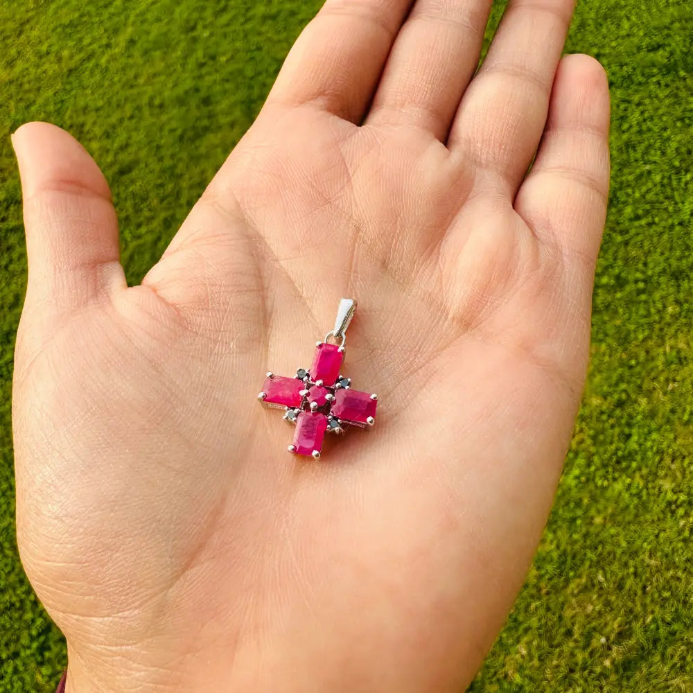 Minimalist Jewelry 925 Solid Silver Ruby & American Black Diamond Cross Small Pendant For Christmas Gifts