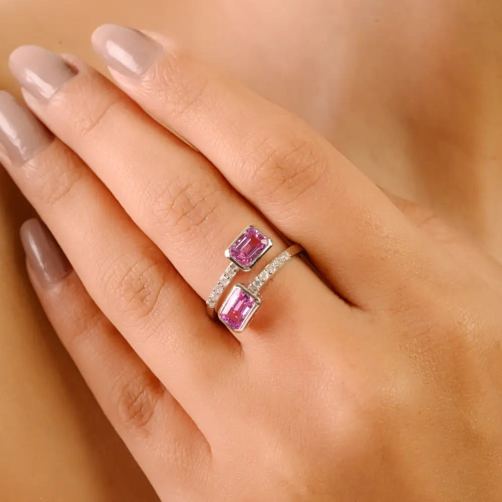Bezel Setting Pink Sapphire & Diamond Bypass Ring Trending 14K Real White Gold Jewelry