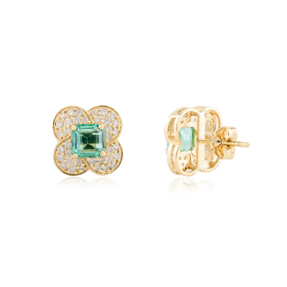 Elegant Floral Design 18K Fine Yellow Gold Emerald Diamond Clover Stud Earrings