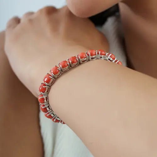 Beautiful 6 mm Round Natural Coral Gemstone 925 Sterling Silver Tennis Bracelet For Women's