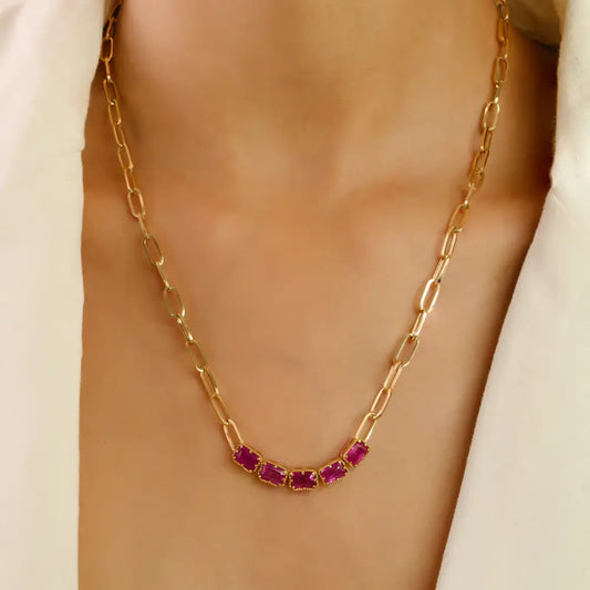 Hot Sale Pinion Bezel Set Ruby Paperclip Chain Five Stone Necklace Women Solid 18K Yellow Gold
