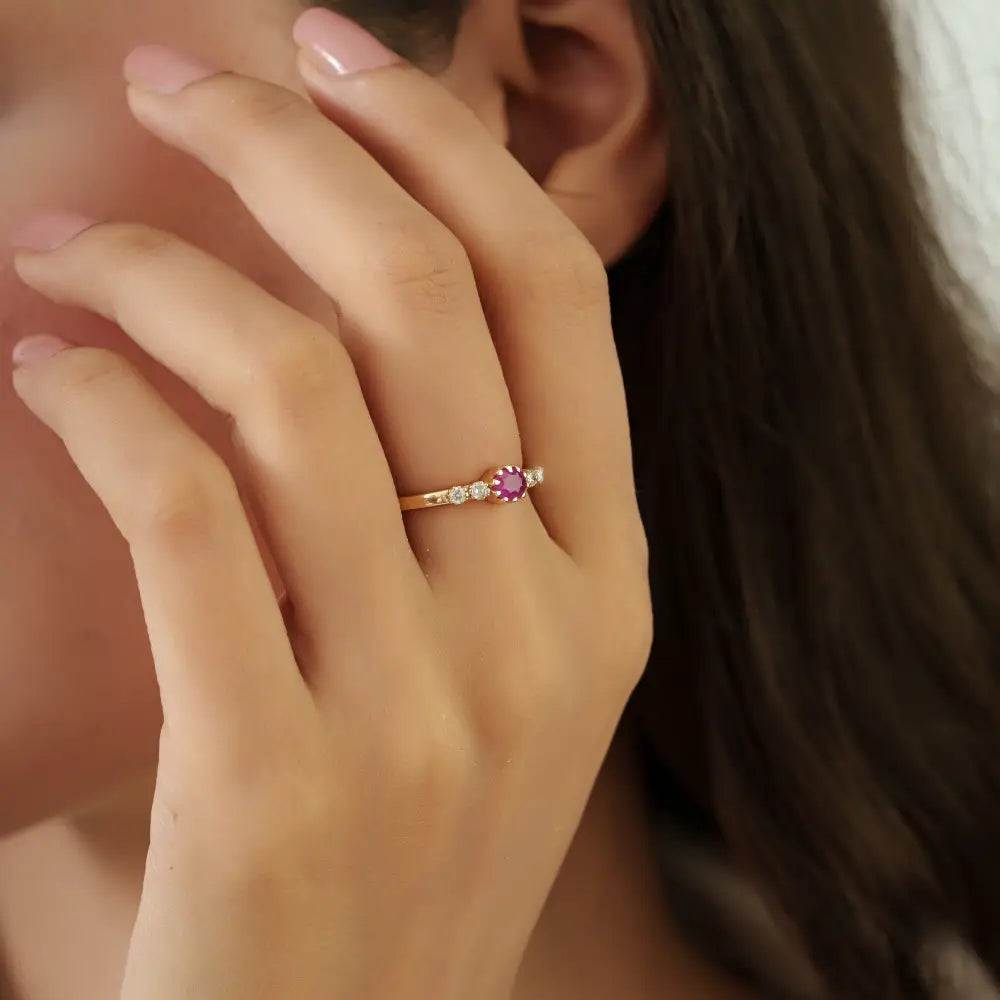 Pinion Bezel Set Ruby & Diamond Minimalist Dainty Ring Solid 14K Real Yellow Gold Fine Jewelry