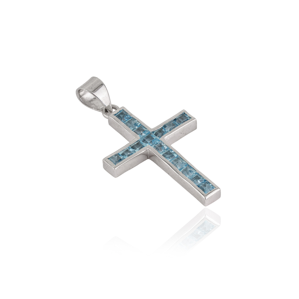 Princess Cut Natural Blue Topaz Gemstone 925 Sterling Silver Unisex Cross Pendant Fine Jewelry