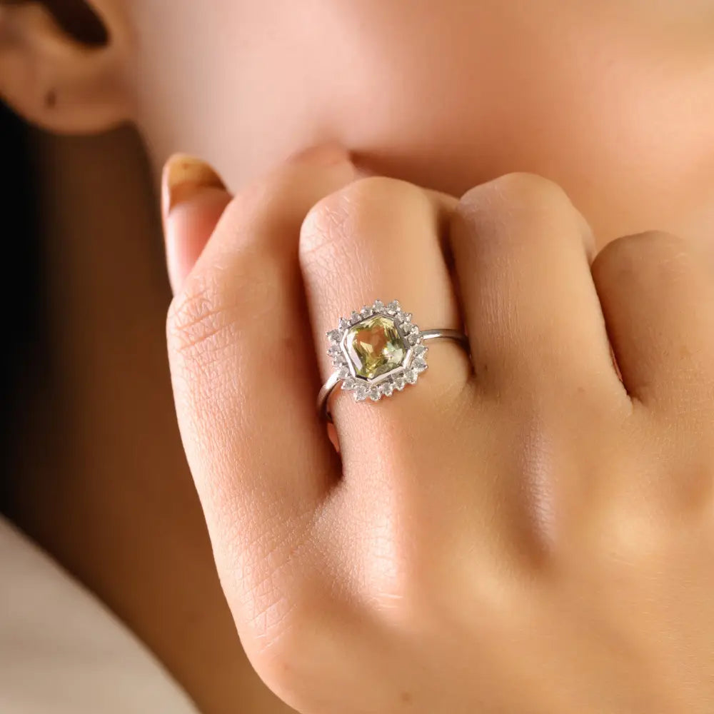 14K Solid White Gold Yellow Sapphire & Diamond Halo Statement Ring Birthstone Jewelry
