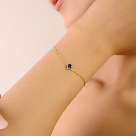 Prong Set Blue Sapphire & Diamond Heart Shape Halo Solitaire Bracelet 14K Yellow Gold Jewelry