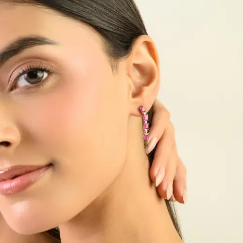 Baguette Cut Natural Ruby & Round Diamond Long Dangle 925 Sterling Silver Earring For Women