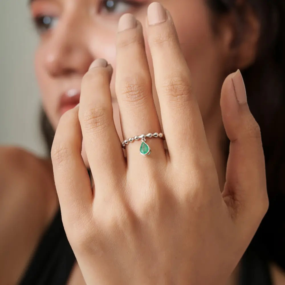 Pear Shape Emerald 14K Real White Gold Beaded Band Charm Ring Stackable Jewelry