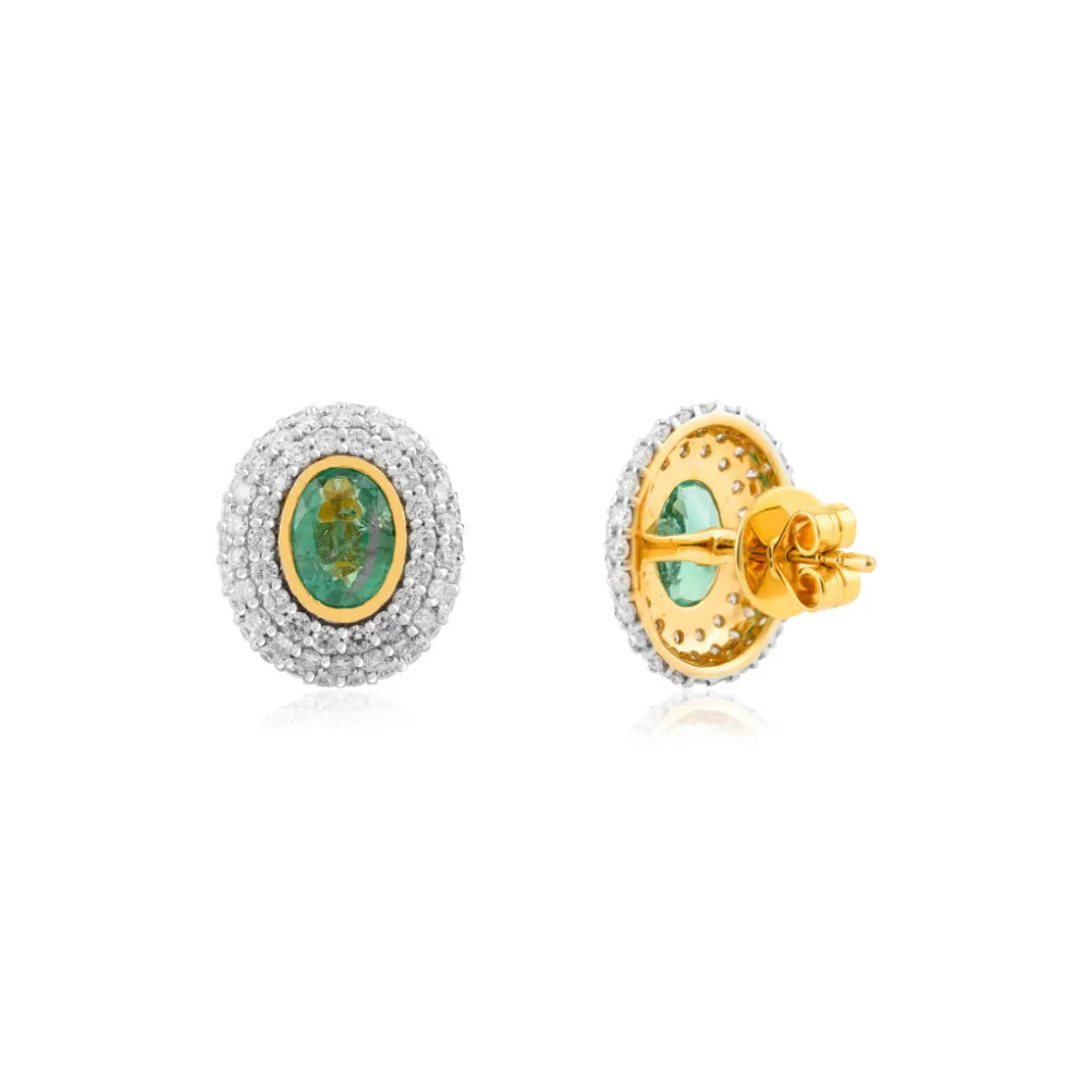 High Quality Emerald & Diamond Double Halo Stud Earrings 14K Gold Statement Jewelry