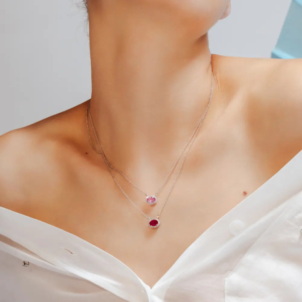 Minimal Jewelry Natural Pink Sapphire & Diamond 14K White Gold Long Chain Necklace