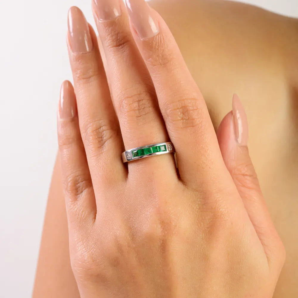 Best Selling Princess Cut Natural Emerald & Diamond Stacking Half Eternity Band Ring 925 Silver